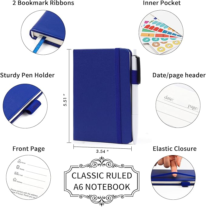 feela 3 Pack Pocket Notebook Journals with 3 Black Pens, A6 Mini Cute Small Journal Notebook Bulk Hardcover College Ruled Notepad with Pen Holder for Office School Supplies, 3.5”x 5.5”, Navy