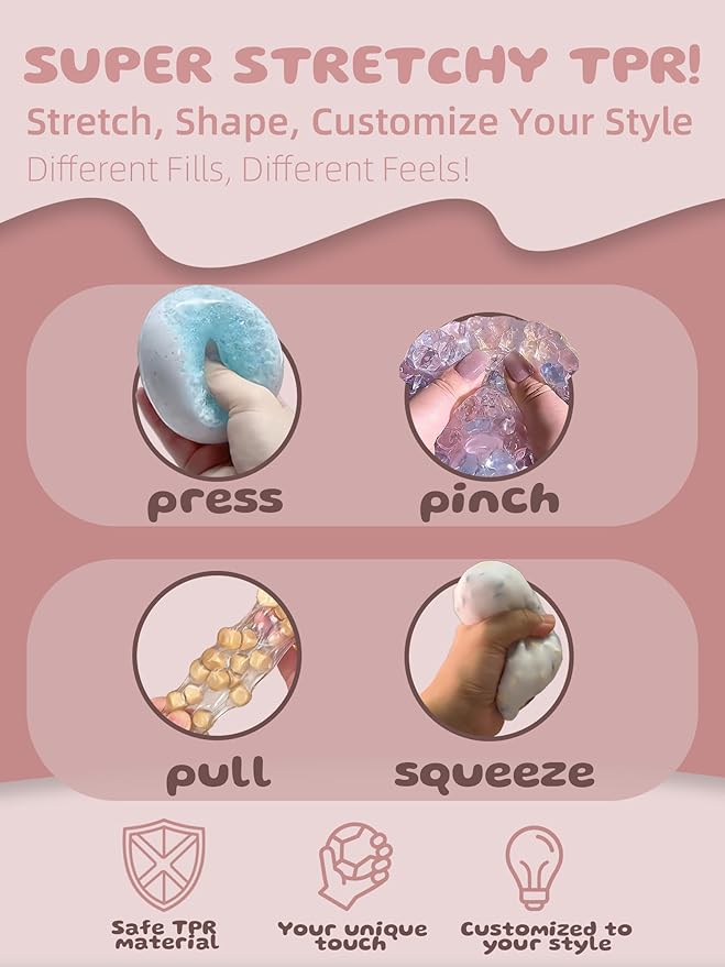 DIY Stress Ball Making Kit-Easy DIY- 10 TPR Skins, 13 Fillers, 14 oz Slime, 7 oz Clay, Create ASMR Anxiety Relief Toys, Handmade Squishy Stress Balls, Self-Care Gifts for Women, Crunchy Relaxing