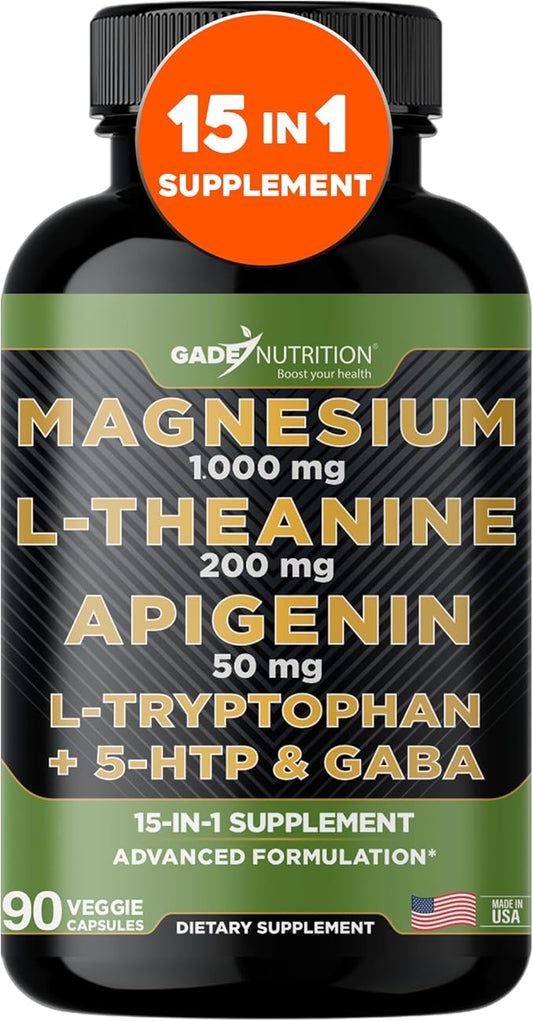 Gade Nutrition Magnesium Glycinate & Magneisum Supplements with Apigenin, L Theanine 200 mg, 5 HTP, GABA Calm Brain Booster Supplement Sleep Aid Ashwagandha L Tryptophan Chamomile