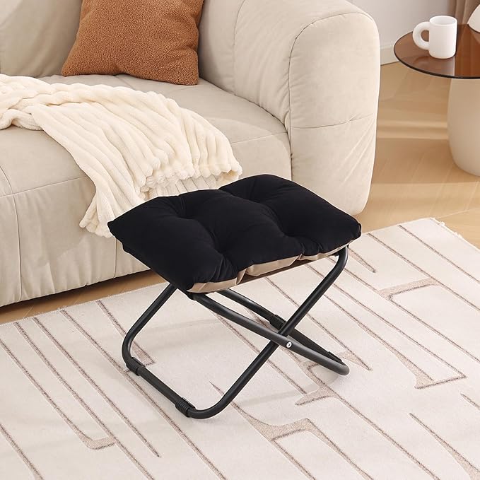 LITA Folding Footrest Stool, Portable Ottoman Foot Rest, Upholstered Small Foldable Ottoman with Detachable Thick Cotton Cushion Padded Sofa Stool for Living Room, Bedroom, Velvet Black Set