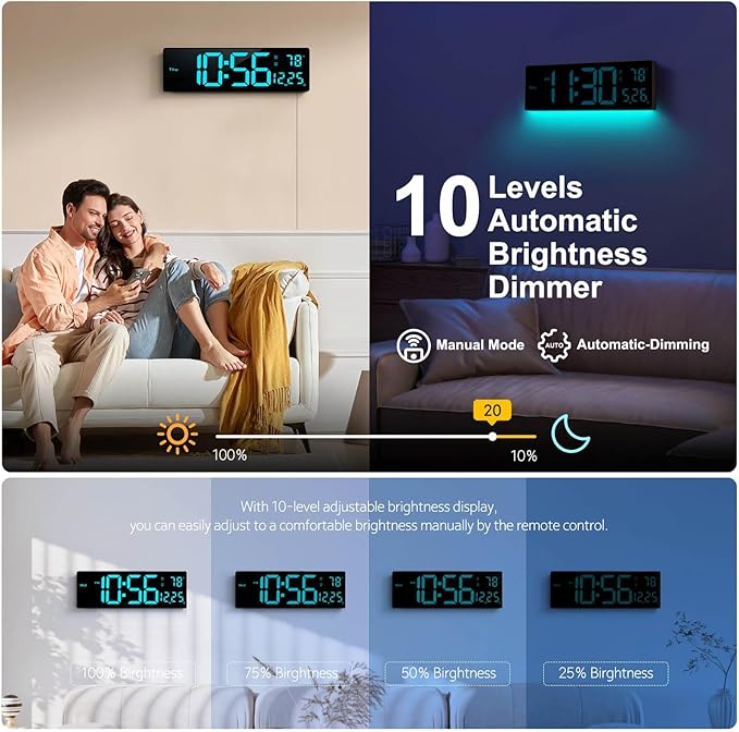 Digital Wall Clock 16", Wall Clocks with 11 RGB Colors, Alarm Clock with Night Lights, Large Digital Clock for Living Room Bedroom Office Classroom Decor, Auto DST, Temperature, Remote Control