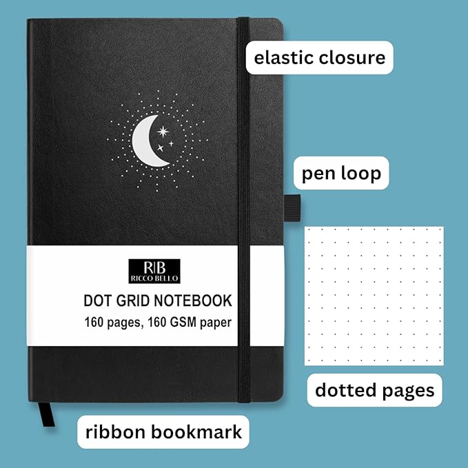 RICCO BELLO Hardcover Dot Grid Journal Notebook, Lay Flat Design, Pen Holder, 5.7 x 8.4 inches, Thick 160 gsm Paper, 80 sheets/160 pages (Black Moon Stars)