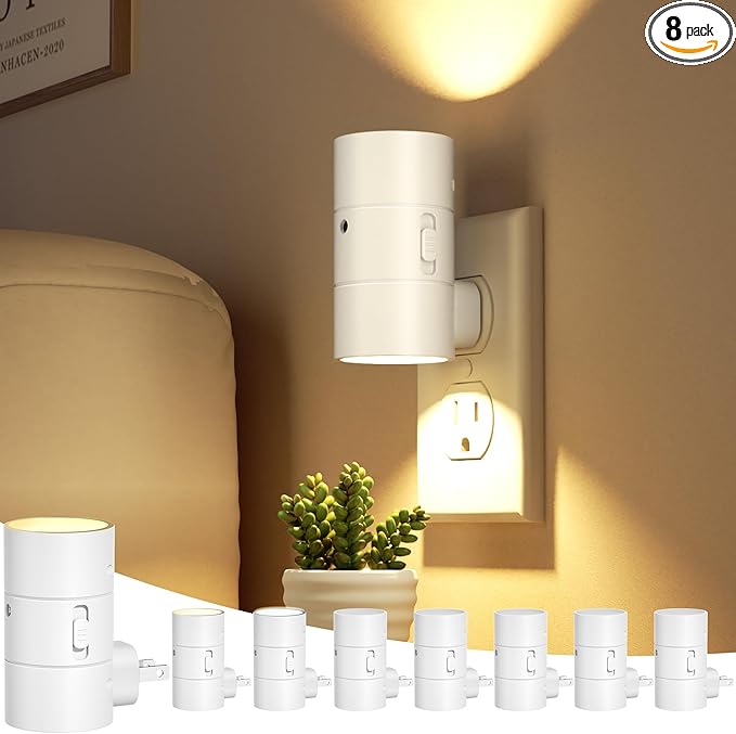 Night Lights Plug Into Wall,3 Color Temperatures LED Night Light Plug in,Dusk to Dawn Sensor,0-100LM Adjustable Brightness,Dimmable Night Lights for Hallway Bathroom Stair Bedroom,White,8 Pack