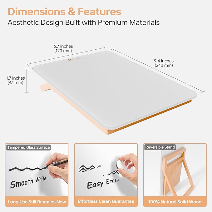 Desktop Glass Whiteboard with Reversible Wood Stand, Small White Board, Mini Dry Erase Whiteboard Easel for Desk, Reusable Desk Notepad 9.5"x6.7" for Home, Office, Accessories Included, Yeoux