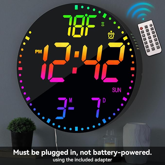 Kasbin 12 Inch Large Digital Wall Clock with Remote Control, RGB Color, Alarm, Timer, Date, Temperature, LED Display for Classroom, Living Room, Bedroom, Gift for Elderly (Black Mirror, 12")