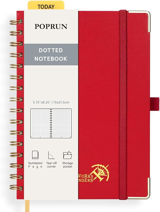 POPRUN Spiral Dotted Journal Notebook, [A5-5.75'' x 8.25''] - 120 GSM Thick Paper, 141 Numbered Pages, Hardcover for Men & Women with Pocket, Index Tabs, 8 Perforated Sheets, Red