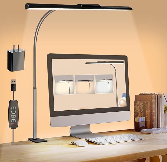 litren Clip On Desk Lamps for Office Home Desk Lights with Clamp with 3 Light Modes,10 Brightness 10W USB Adapter Adjustable LED Clamp Light for Computer Desktop Workbench Monitor Lamp