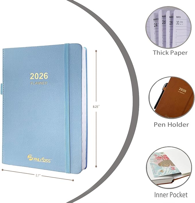 2026 Daily Planner/Calendar, One Page Per Day, Daily Monthly Agenda Planner with Time Slots and Monthly Tabs, Jan - Dec 2026, 5.7" x 8.25" Appointment Book, Pen Holder, Leather Cover (2026-Sky blue)