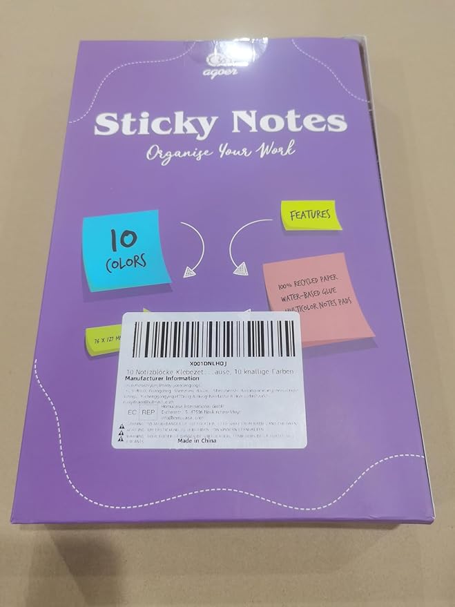 Sticky Notes Large 1000 Sheets,3 x 5'' Self-Stick Note Pads,Bright Colorful Sticky Notes 76x127mm,Super Sticking Memo Pads Clean Removal,Easy to Post Sticky Pads for Office Home School,10 Pack
