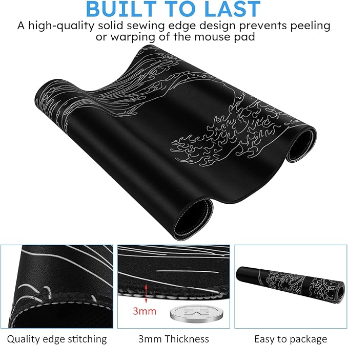 iCasso Mousepad, Gaming Mouse Pad, XXL Large Desk Mat, Big Rubber Base Mouse Mat with Stitched Edges, Computer Keyboard Desk Pad for Work, Game, Office, Home - Black Wave of Kanagawa