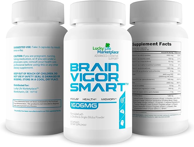 Brain Vigor Smart Brain Booster - Extra Strength Support for Focus, Health, and Memory - Improved Formula Made with Lion's Mane Mushroom & Ginkgo Biloba - Our Best Brain Vigor Smart Pills