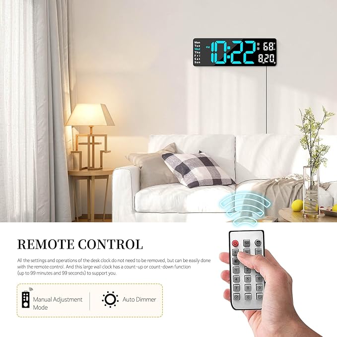 Digital Clock, Digital Wall Clock for Living Room Decor, Desk Alarm Clock for Bedroom, Large Wall Clock with Remote Control, Automatic Brightness Dimmer LED Clock with Date Temperature Week (Blue-B)