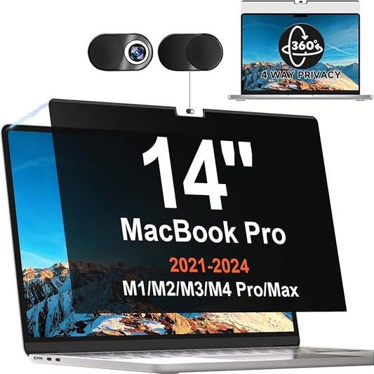 Magnetic 360° Privacy Screen for MacBook Pro 14 Inch (2021-2024, M1, M2, M3, M4, Pro, Max), Removable Anti Glare Blue Light Filter, 4 Way Anti Spy Black Protector for Mac Pro 14In Laptop Computer