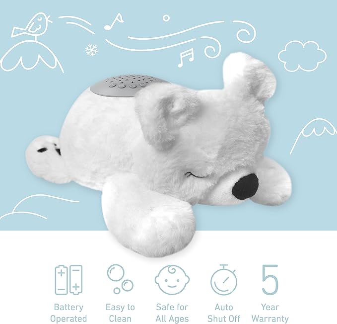 PureBaby Sound Sleepers Portable Sound Machine & Star Projector - Plush Sleep Aid for Baby and Toddlers with Soothing Night Light Display, 10 Lullabies, White Noise, and Heartbeat Sounds (Polar Bear)