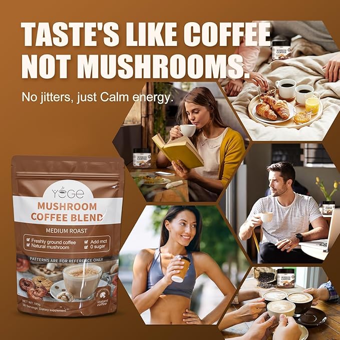 Mushroom Coffee, Organic 6 Mushrooms with Cordyceps, Reish, King Trumpet, Shitake, Turkey Tail, Lions Mane, Instant Coffee Powder for Energy,Focus, Digestion & Immune Support, 30 Servings