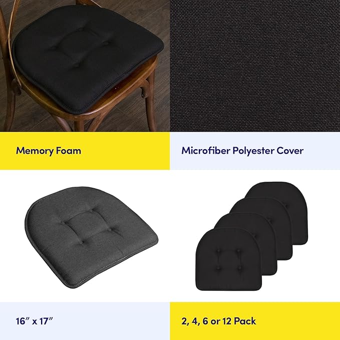 Sweet Home Collection Chair Cushion Memory Foam Pads Tufted Slip Non Skid Rubber Back U-Shaped 17" x 16" Seat Cover, 6 Count (Pack of 3), Black