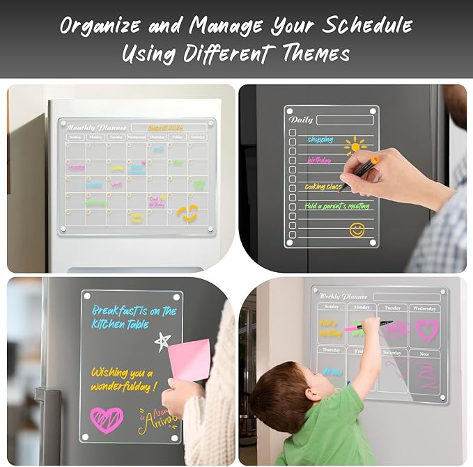 DIYMAG Planning Pads 4Pack Acrylic Magnetic Dry Erase Calendar for Fridge, Clear Skylight Calendar Set 2025 Magnetic Weekly Monthly Daily Memo Planner Board for Refrigerator with 6 Colors Markers