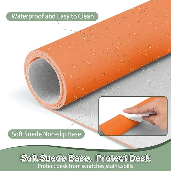 Boutilon Leather Desk Pad Protector,Non-Slip Mouse Pad,Laptop Desk Pad,Office Mouse Mat,Waterproof Leather Desk Blotter,Desk Writing Pad for Office and Home (M-Orange,30"x14")