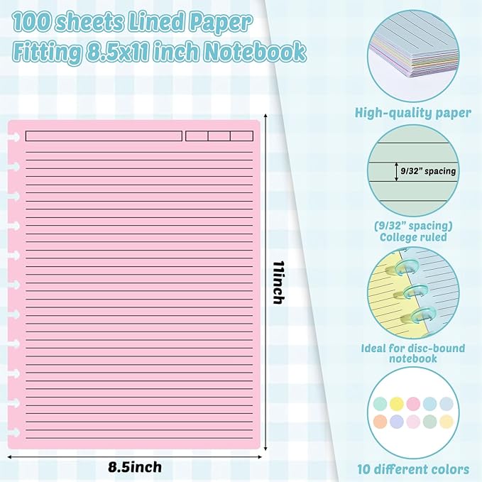 gisgfim 100 Sheets Letter Size Discbound Lined Refill Paper 8.5 x 11 Inch College Ruled Notebooks Planner Inserts 11 Disc Discbound Loose Leaf Paper Thicken for Writing School Office Supplies(Macaron)