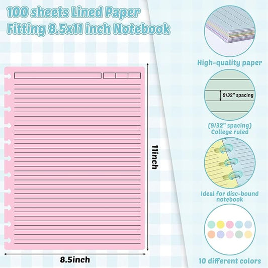 gisgfim 100 Sheets Letter Size Discbound Lined Refill Paper 8.5 x 11 Inch College Ruled Notebooks Planner Inserts 11 Disc Discbound Loose Leaf Paper Thicken for Writing School Office Supplies(Macaron)