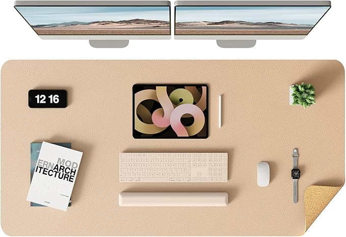 YSAGi Double-Sided Desk Pad, Leather Desk Mat, Eco Cork Desk Pad Protector,Large Mouse Pad,Waterproof Desk Blotter for Office/Home(Apricot+Cork, 47.2" x 23.6")