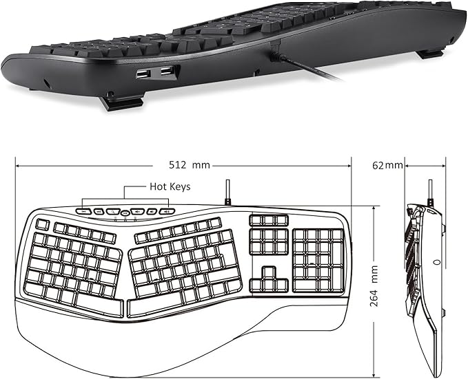 Perixx PERIBOARD-312 Ergonomic Backlit Keyboard - Wired USB with 2 Hubs - Natural Ergonomic Split Design - White LED - Black