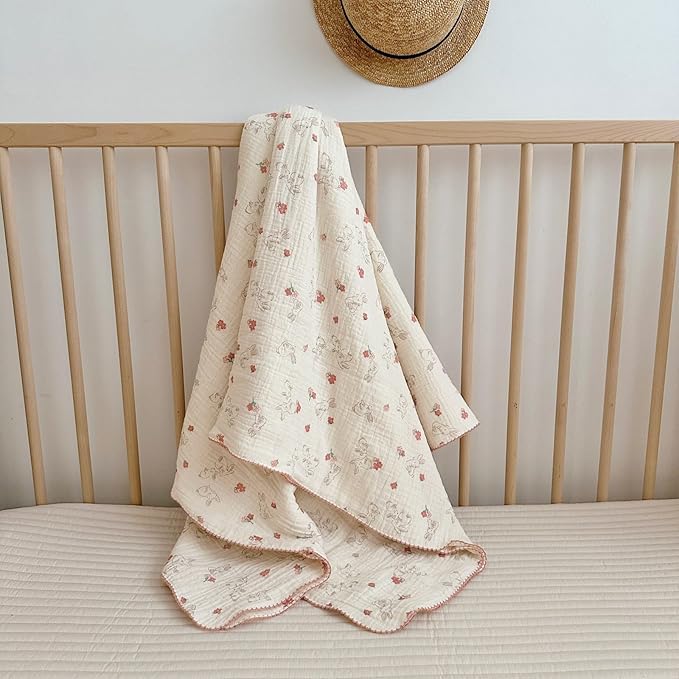 BuLuTu Baby Blankets for Girls Soft Lightweight Muslin Cotton Toddler Blanket Baby Quilts 2 Layer Gauze Cotton Nursery Blankets Crib Quilt,Bunny Pattern,47"x51"