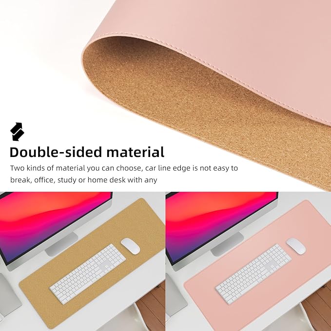 Large Desk Mat -47.2" x 17.5" Leather Desk Pad Protector with Natural Cork & PU Leather, Non-Slip Office Desk Mat, Double-Sided Mouse Pad, Waterproof Large Desk Pad for Office&Home(Pink)