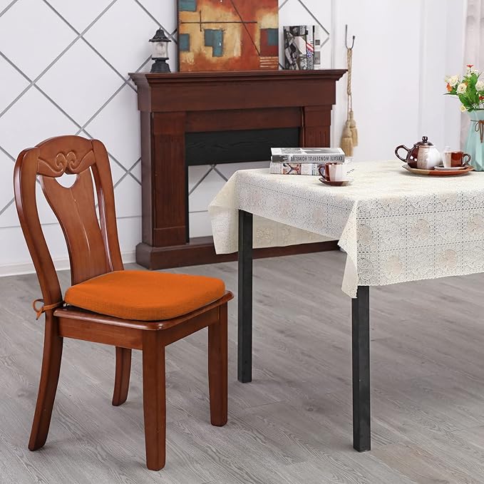 Seat Cushion with Ties for Kitchen Chairs - Memory Foam Non Slip Dining Room Chair Pad with Machine Washable Cover [16.5 x 16.2 Inches] - Orange