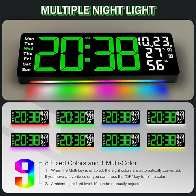 JoFomp 17.3" Large Digital Wall Clock, LED Digital Clock Large Display with Remote Control, Alarm Clock with Temp/DST/Dimmer/Humidity/Timer/Ambient Light - 12/24H, Alarm Wall Clock for Bedroom