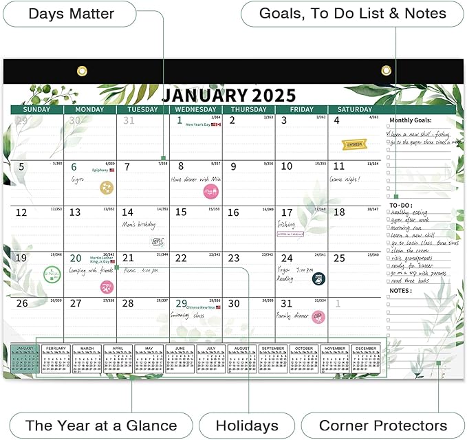 Ospelelf Desk Calendar 2025-2026, Magnetic Fridge Wall Calendar, 18 Month Monthly Large Calendar Planner with Plastic Cover Floral 17" X 12" Green Leaves