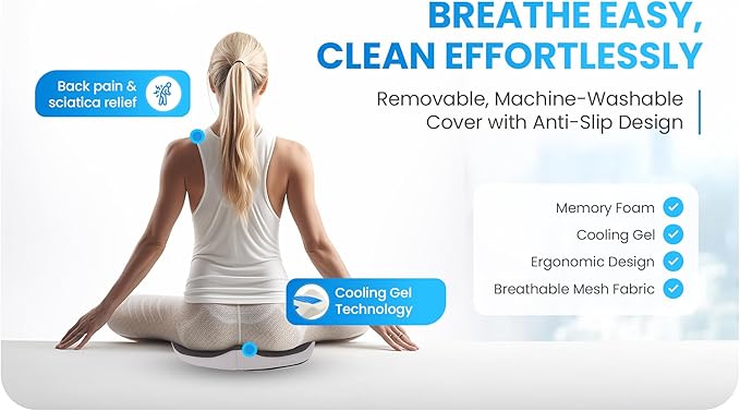 Orthopedic Gel Memory Foam Seat Cushion with Cooling Gel - Medium Size - Ergonomic Tailbone Relief for Coccyx, Sciatica, Lower Back – Non‑Slip Office Chair/Gaming Seat Pillow