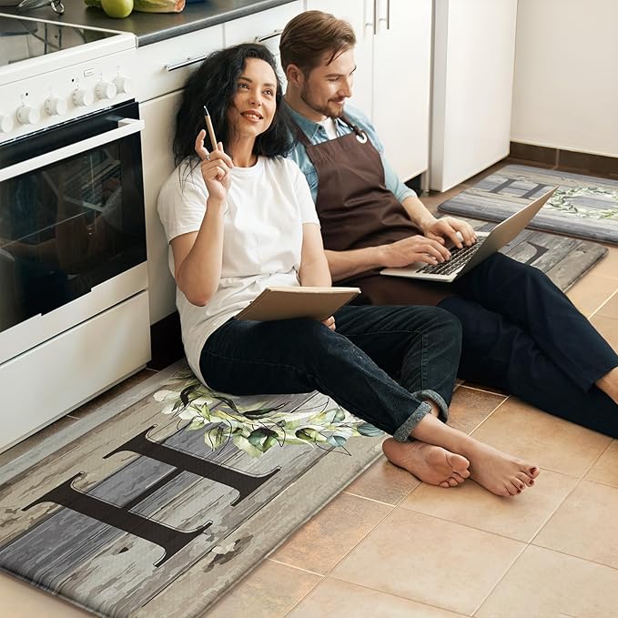 KIMODE Anti Fatigue Kitchen Mats, Farmhouse Kitchen Rugs Sets of 2, Non Slip Kitchen Mats for Floor, Cushioned Kitchen Floor Mats for Sink, Laundry, Office, Desk Grey 17"x59"+17"x29"