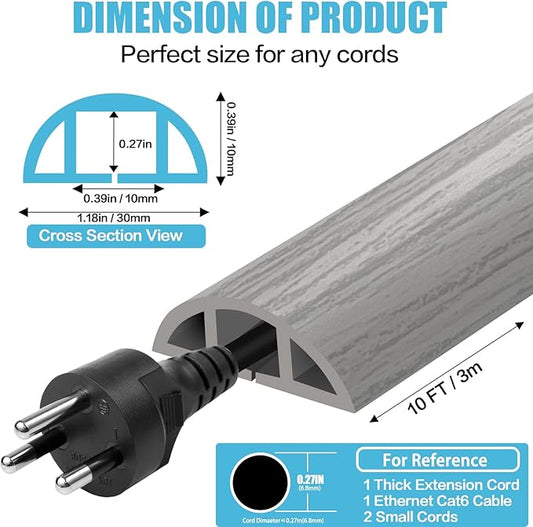 Floor Cord Cover Self Adhesive Cord Hider,10FT Cable Management, Extension Strip Protector for Wires, Prevent Cable Trips for Offices, Gyms, Exhibitions Cavity:0.39"(W) x 0.27"(H) Gray Wood