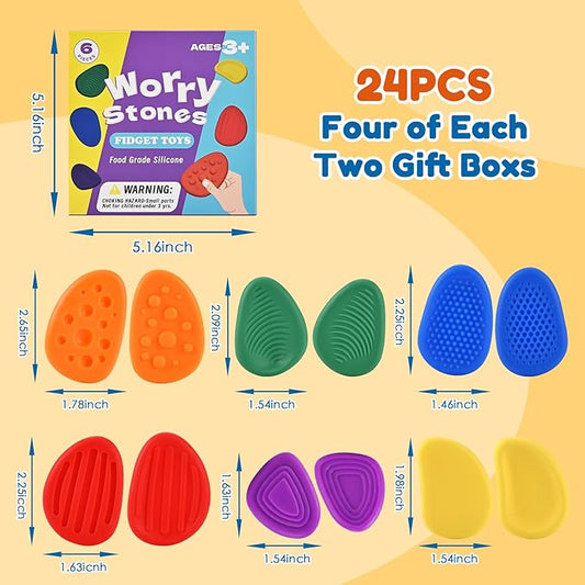 GOLDGE 24-Pack Sensory Fidget Stones for Kids - Soft Textured Worry Stones for Autism, Anxiety Relief, and Stress Calming - Perfect for Students and Small Prizes
