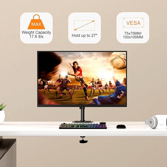 Pholiten Single Monitor Stand, Heavy Duty Adjustable Monitor Arm Desk Mount for 13-27Inch, Tilt, Swivel, Rotate, Support 22 lbs,Black