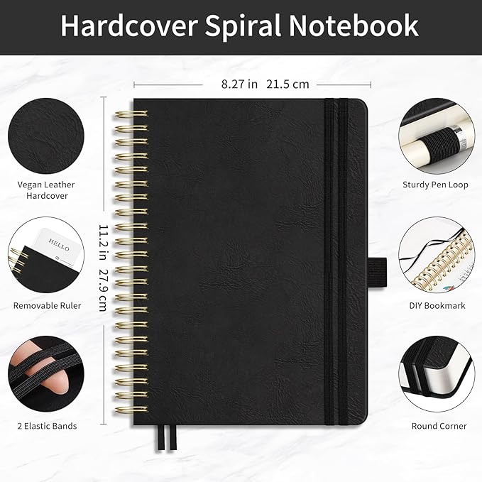EMSHOI Bullet Dotted Journal Spiral Notebook - 300 Pages, A4 Hardcover Leather, 100 GSM Thick Dot Grid Notebook for Women Men Work Writing, Bullet Journaling, Drawing, 8.27" x 11.2", Black