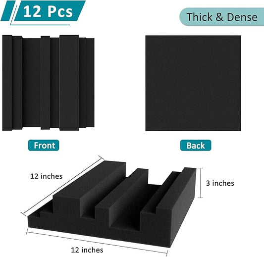 TroyStudio Thickened 12 X 12 X 3 Inch Acoustic Foam Panels in Diffusion Pattern, 12 Pcs High Density Sound Absorbing Foam Diffuser, Soundproof 3D Wall Padding Tiles for Recording Studio Home Office