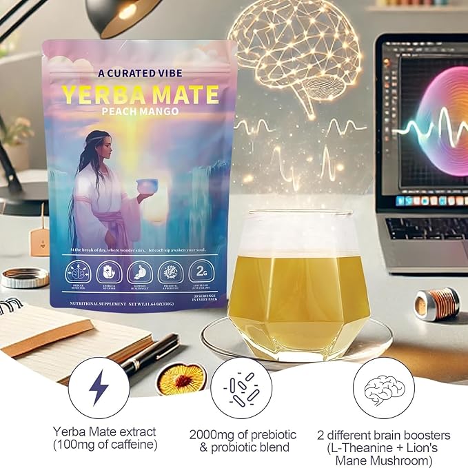 Yerba Mate Instant Tea Powder - Peach-Mango Flavor Super Drink - 4-in-1 Functional Blend with Prebiotics - Mental Clarity - Clean Energy & Digestive Support - 30 Servings