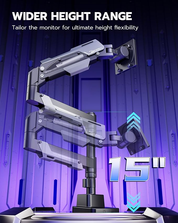 ARES WING Single Monitor Mount, Ultrawide Monitor Arm for 24 to 57 Inch Heavy Duty Curved Screen, Adjustable Gas Spring Monitors Arm Stand up to 66LBS with 75/100/200 Vesa Mount, Black