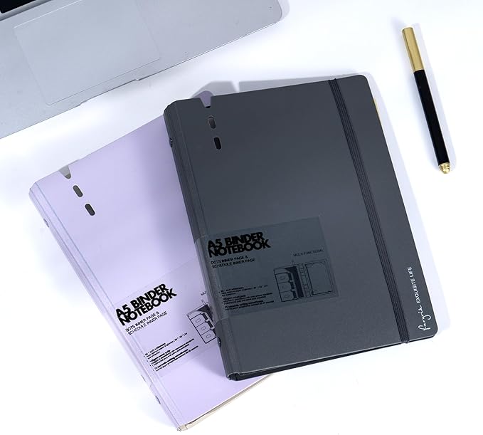 CAGIE A5 Binder 6 Ring Notebook with Dividers Refillable Planner Binder with Pockets, Refill Paper Include Planning Square Ruled and Dotted Pages, 6.89 x 9.25 in, (Grey and Purple, A5 Daily&Dot Page)