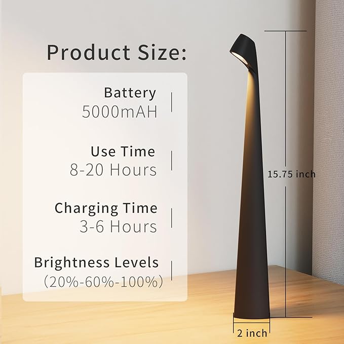 Cordless Portable LED Table Lamp,Built-in Rechargeable Battery-5000mAH,Dimmable Touch Small Desk Reading Lamp with 3-Level Brightness for Bedroom/Living Room/Office (Black)