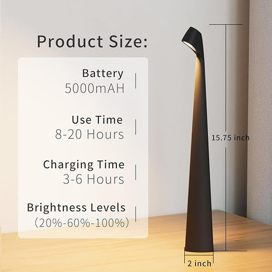 Cordless Portable LED Table Lamp,Built-in Rechargeable Battery-5000mAH,Dimmable Touch Small Desk Reading Lamp with 3-Level Brightness for Bedroom/Living Room/Office (Black)