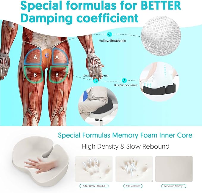 Seat Cushion for Office Chairs - Tailbone & Sciatica & Hip & Coccyx & Low Back Pain Relief Pillow - Memory Foam Pressure Relief Cushion for Long Sitting for Gaming, Compute, Desk Chair, Car Seat