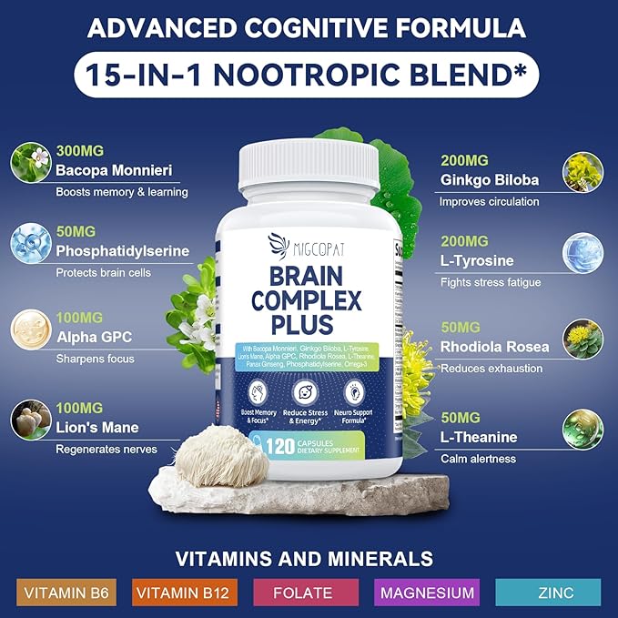 2-Pack Brain Supplements for Memory & Focus | Nootropic with Bacopa, Lion's Mane, Alpha GPC | Mental Clarity & Cognitive Support | Vitamin B6 & B12 – 240 Caps (120/Bottle)