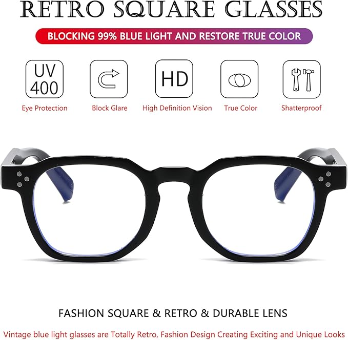 AIEYEZO Retro Blue Light Glasses for Men Women Square Thick Framed Eyeglasses Trendy Vintage Computer Glasses