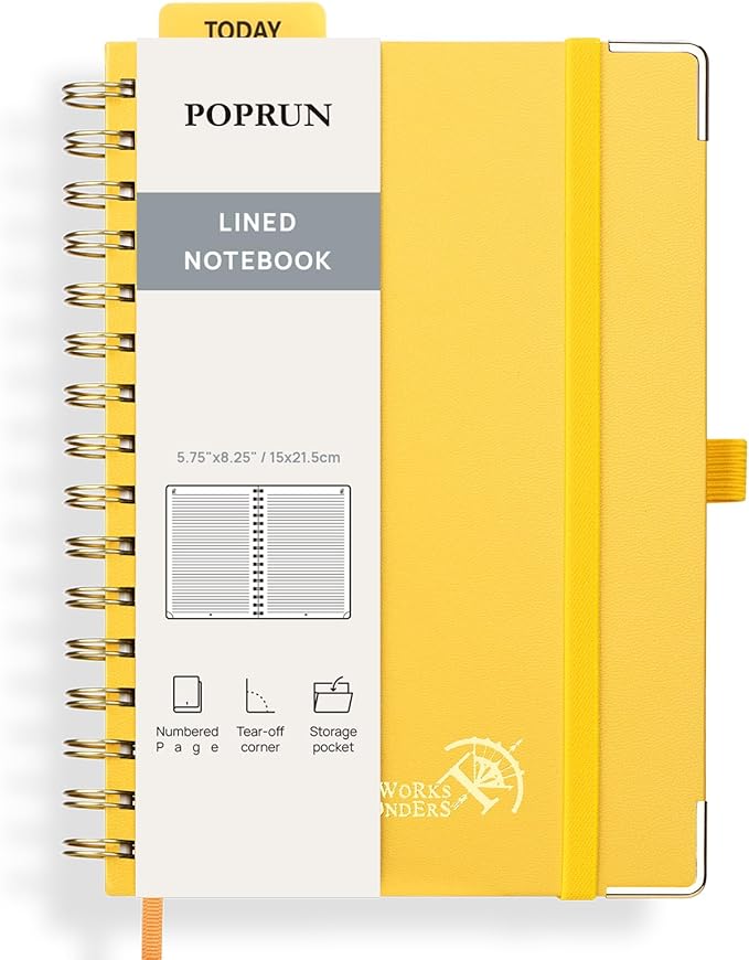 POPRUN Lined Spiral Journal Notebook, [A5-5.75'' x 8.25''] - 120 g/m² Thick Paper, 141 Numbered Pages, College Ruled Notebook for Men & Women with Pocket, Index Tabs, 8 Perforated Sheets, Light Yellow