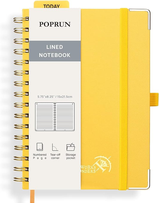 POPRUN Lined Spiral Journal Notebook, [A5-5.75'' x 8.25''] - 120 g/m² Thick Paper, 141 Numbered Pages, College Ruled Notebook for Men & Women with Pocket, Index Tabs, 8 Perforated Sheets, Light Yellow