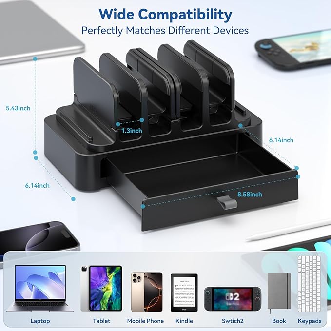 KDD Vertical Laptop Stand with Drawer - 7-in-1 Space-Saving Laptop Holder with Gravity Locking Fits MacBook, Dell, HP, Chromebook, Surface Pro, Tablet, Cell Phone, Switch, Keyboard Desktop Organizer