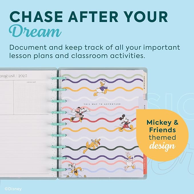 Happy Planner Disney Disc-Bound 12-Month Academic Planner, July 2025-June 2026 Planner, 3 Extra Months, 2 Sticker Sheets, Classic Size, Teacher Layout, Mickey Mouse & Friends Theme, Current Classroom